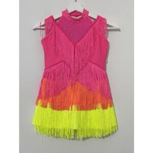 Revolution Girls Neon Multicolor Competition Dance Costume – Fringe, Size LC